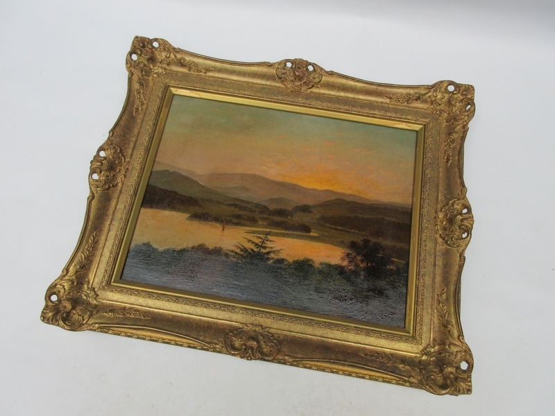 油絵□ [J.エリオット]19世紀 英国 風景画[山水 湖に写る日の入り